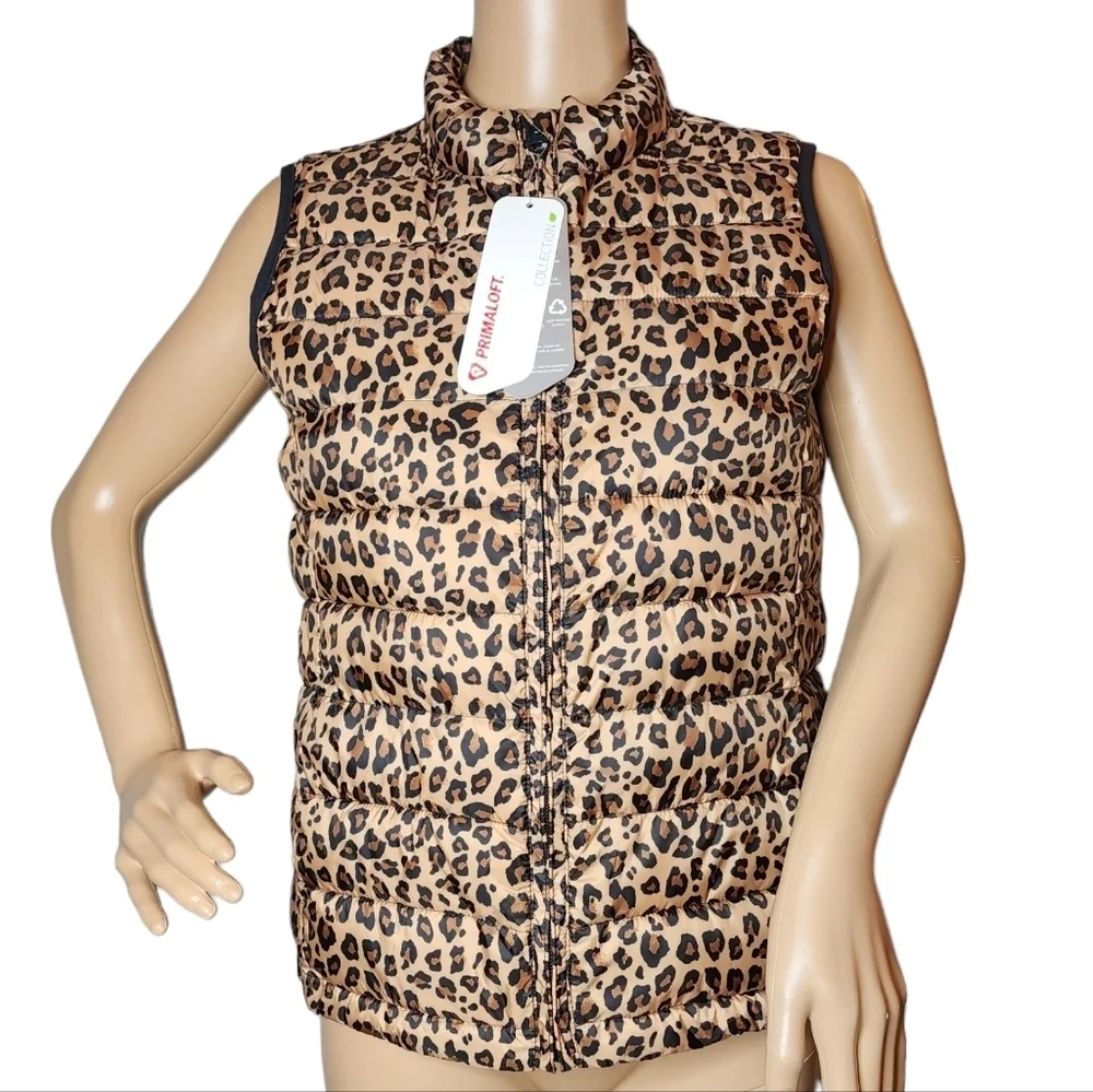 NWT‎ GAP Kids Leopard Puffer Zip Vest Brown Animal Print Size XXL Primaloft